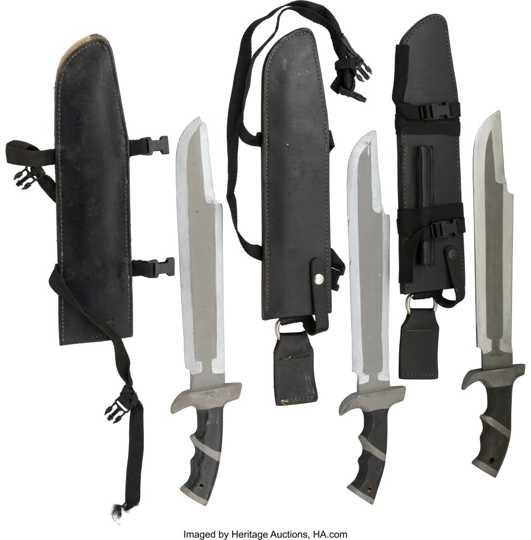 Producer Joel Silver's Personal Set of (3) Mache: Producer Joel Silver's Personal Set of (3) Machetes with Sheaths 1-Actual Knife and 2-Stunt Created by Jack Crain for Predator (TCF, 1987). Original (3) mach