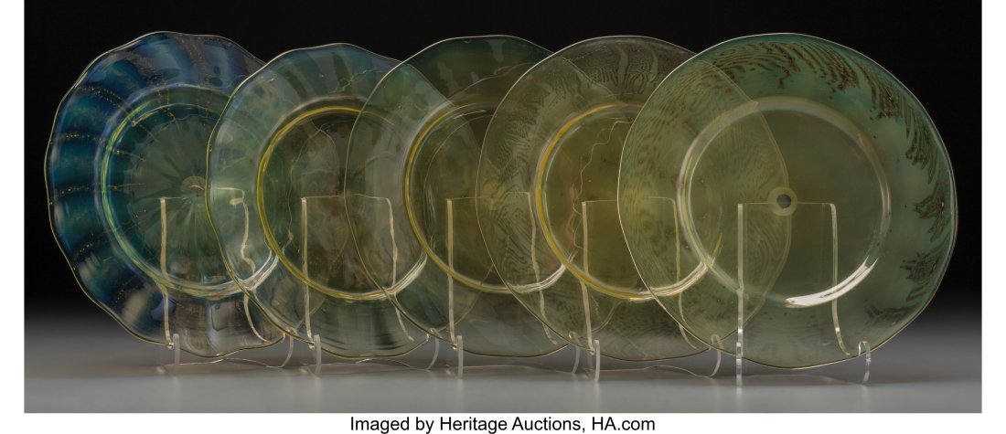 Five Tiffany Studios Pastel Favrile Glass Desser: Five Tiffany Studios Pastel Favrile Glass Dessert Plates, circa 1910 Marks: L.C.Tiffany-Favrile 8-3/4 inches diameter (22.2 cm) (each, approxi