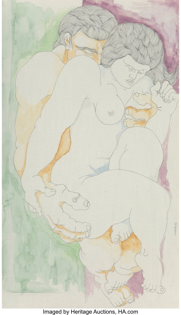 Ricardo Roque Carpani (Argentinian, 1930-1997) L: Ricardo Roque Carpani (Argentinian, 1930-1997) Lovers Embracing Watercolor and ink on board 11 x 19 inches (27.9 x 48.3 cm) (sight) Signed lower left&