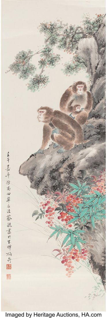 Attributed to Cai Xian (Chinese, 1897-1960) Monk: Attributed to Cai Xian (Chinese, 1897-1960) Monkeys Ink and color on paper 43-1/4 x 12-3/4 inches (109.9 x 32.4 cm) (work) 83-3/4 x 19-1&s