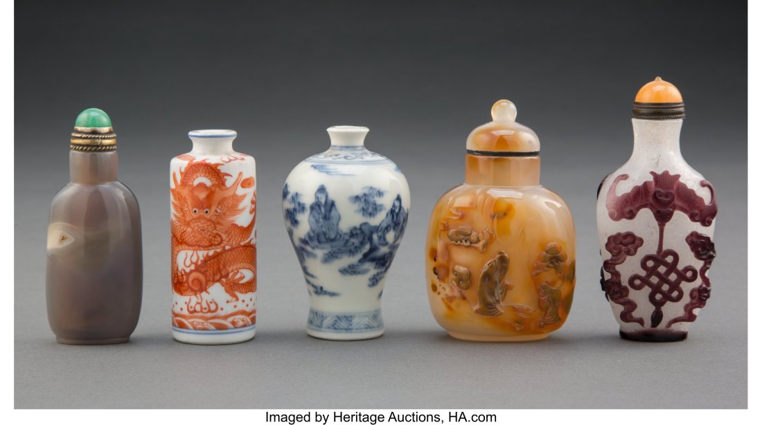 A Group of Five Chinese Snuff Bottles 3-5/8 x 1-: A Group of Five Chinese Snuff Bottles 3-5/8 x 1-3/4 x 1-1/8 inches (9.2 x 4.4 x 2.9 cm) (tallest) Property from a Private Southern California Colle
