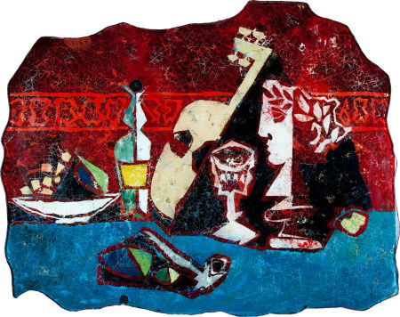 Ernie Kovacs' Glass Wall Hanging by Dubé + Fonta: Ernie Kovacs' Glass Wall Hanging by Dubé + Fontana Arte. A 45.5" x 36" reverse-painted gl