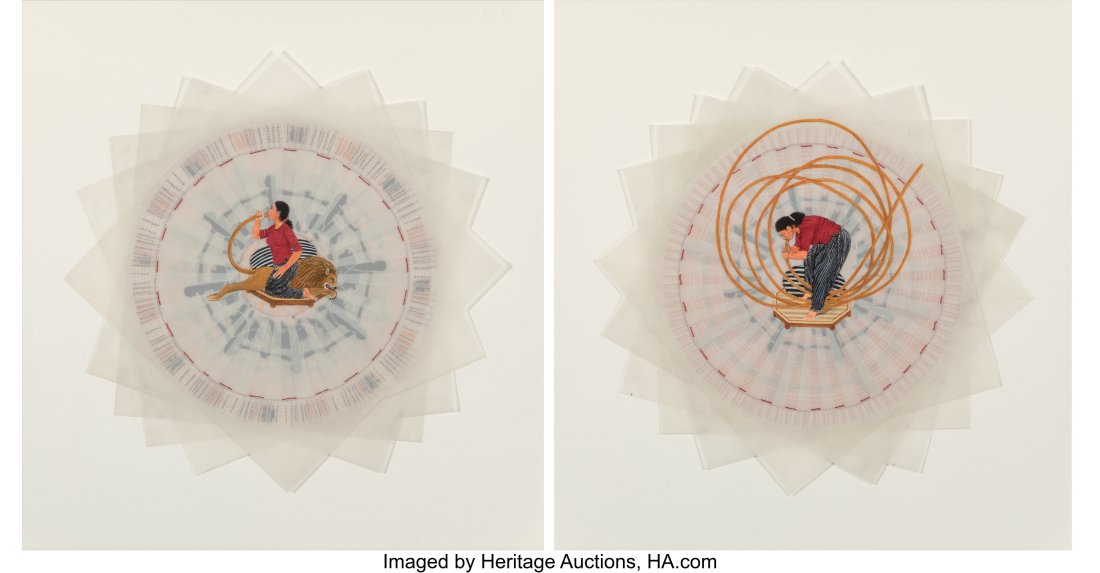 Ambreen Butt (b. 1969) Untitled (two works from: Ambreen Butt (b. 1969) Untitled (two works from What Is Past or Passing or To Come series), 2003 Collage, watercolor, gouache, and embroidery on Myla