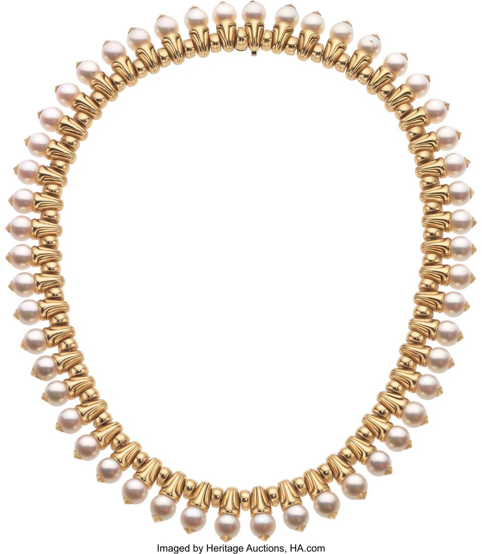 Bvlgari Cultured Pearl, Gold Necklace Pearls: C: Bvlgari Cultured Pearl, Gold Necklace Pearls: Cultured pearls measuring 7.50 mm Metal: 18k gold Marked: Bvlgari Gross Weight: 171.40 grams Dimensions: