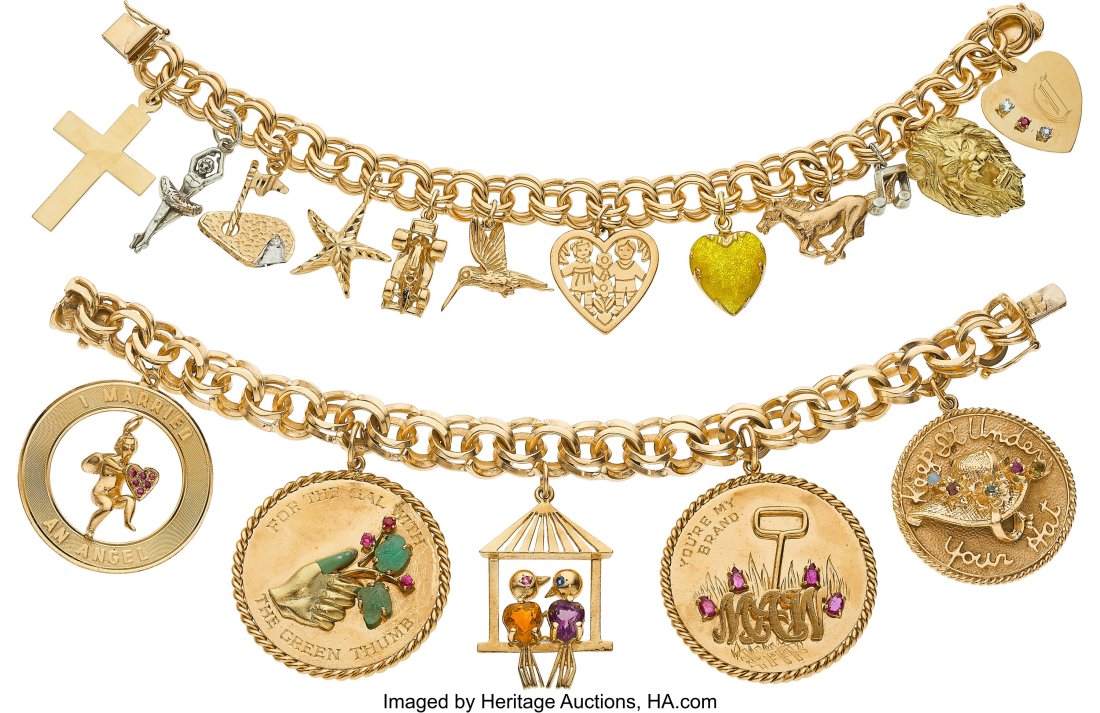 Multi-Stone, Enamel, Gold, Silver Charm Bracelet: Multi-Stone, Enamel, Gold, Silver Charm Bracelets Stones: Round-cut rubies weighing a total of approximately 0.20 carat; pear-shaped rubies weighing a total of appr