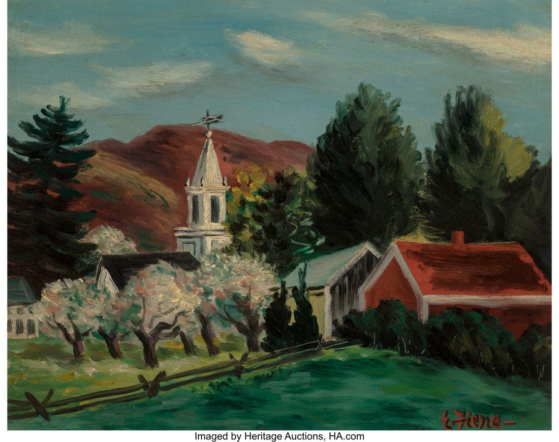 Ernest Fiene (American, 1894-1965) Spring in Rox: Ernest Fiene (American, 1894-1965) Spring in Roxbury Oil on Masonite 12-1/4 x 15-3/4 inches (31.1 x 40.0 cm) Signed lower right: E. Fiene P