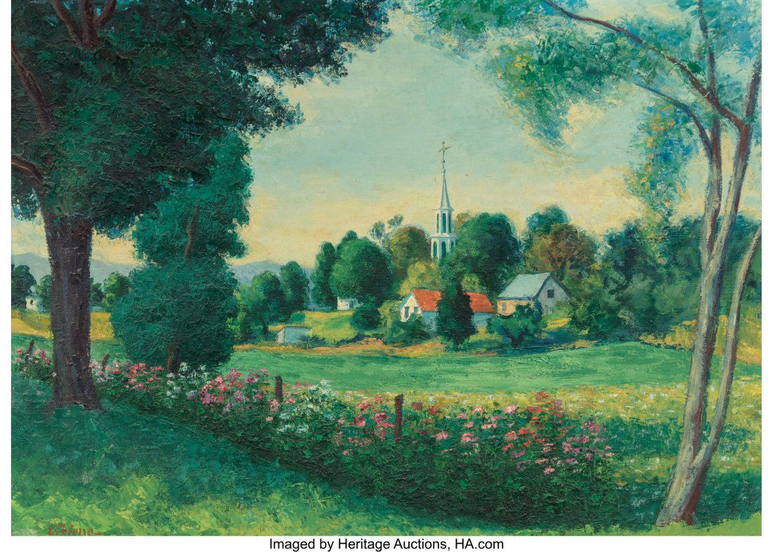 Ernest Fiene (American, 1894-1965) Evening Light: Ernest Fiene (American, 1894-1965) Evening Light, Woodsbury Village Oil on canvas 20 x 28 inches (50.8 x 71.1 cm) Signed lower left: E Fiene PROVENA