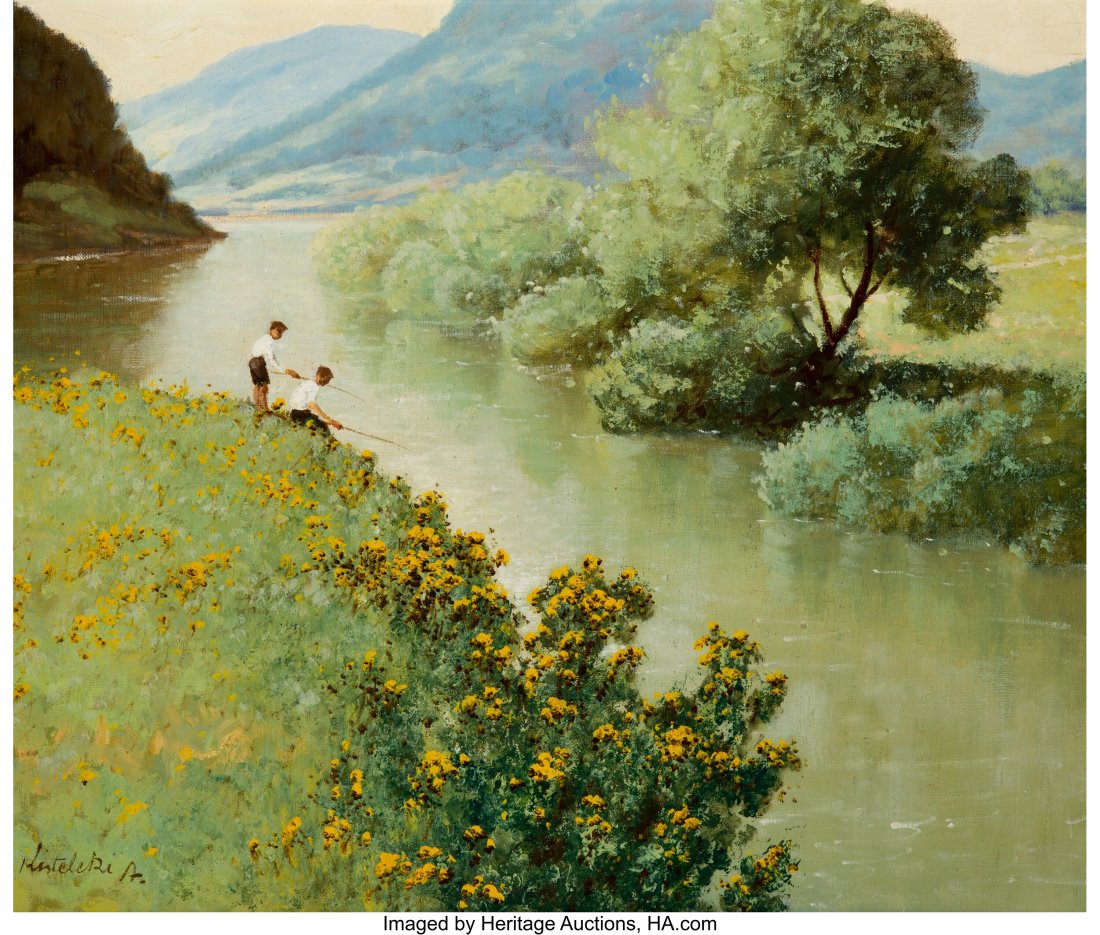 Continental School (20th Century) Two boys fishi: Continental School (20th Century) Two boys fishing in a pastoral landscape Oil on canvas 20 x 24 inches (50.8 x 61.0 cm) Signed: Kisteleki A. &N