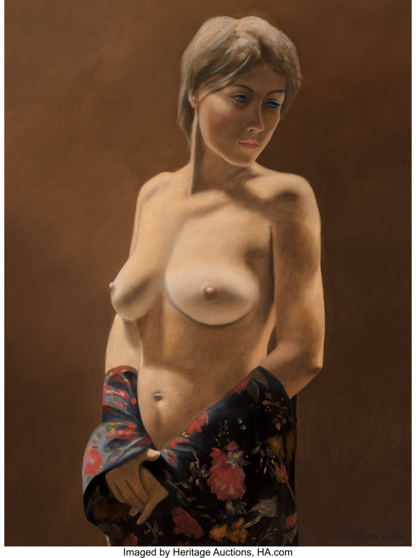 William Wolk (American, b. 1951) Nude in a Flowe: William Wolk (American, b. 1951) Nude in a Flowered Robe Oil on canvas 24 x 18 inches (61.0 x 45.7 cm) Signed lower right: William Wolk Property fr