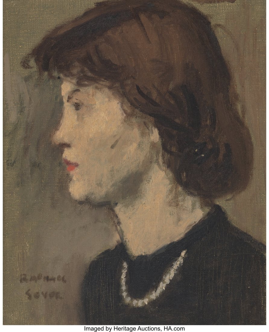 Raphael Soyer (American, 1899-1987) Portrait of: Raphael Soyer (American, 1899-1987) Portrait of a woman in Pearls Oil on canvas 10 x 8 inches (25.4 x 20.3 cm) Signed lower left: Raphael / Soyer Prop