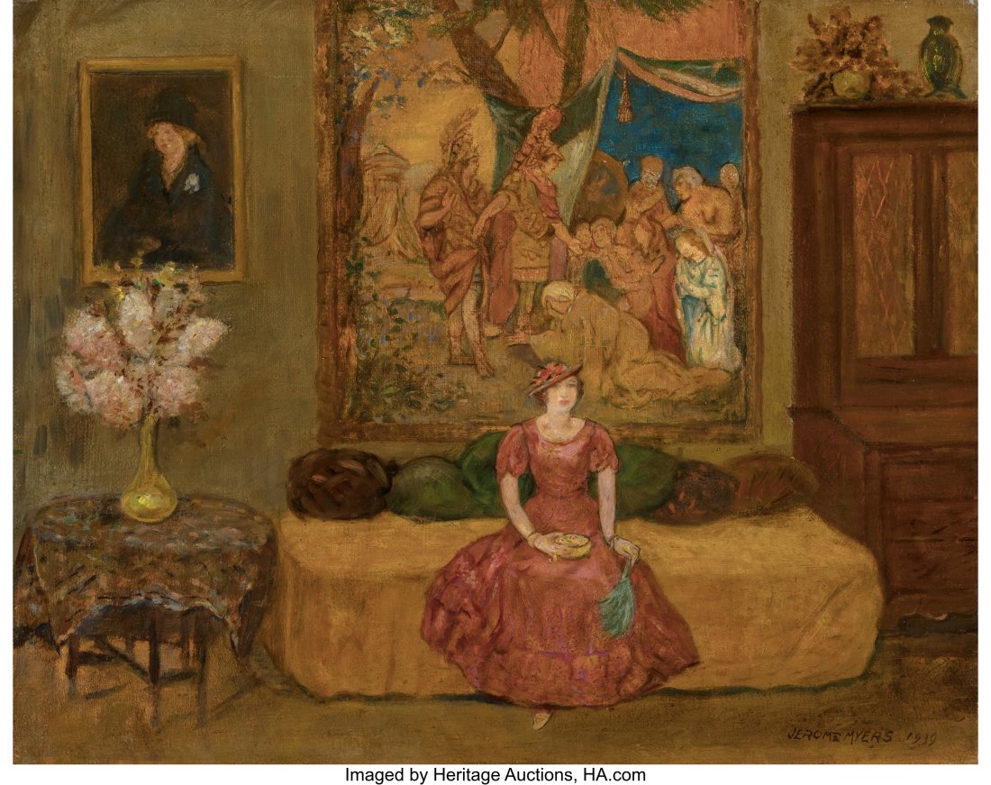 Jerome Myers (American, 1867-1940) Seated Lady,: Jerome Myers (American, 1867-1940) Seated Lady, 1939 Oil on canvas 16 x 20 inches (40.6 x 50.8 cm) Signed and dated lower right: Jerome Myers 1939 P