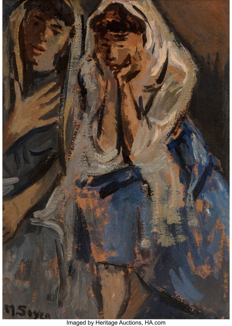 Moses Soyer (American, 1899-1974) Two Women with: Moses Soyer (American, 1899-1974) Two Women with Shawls Oil on board 12-3/4 x 9-1/4 inches (32.4 x 23.5 cm) Signed lower left: M. Soyer PRO