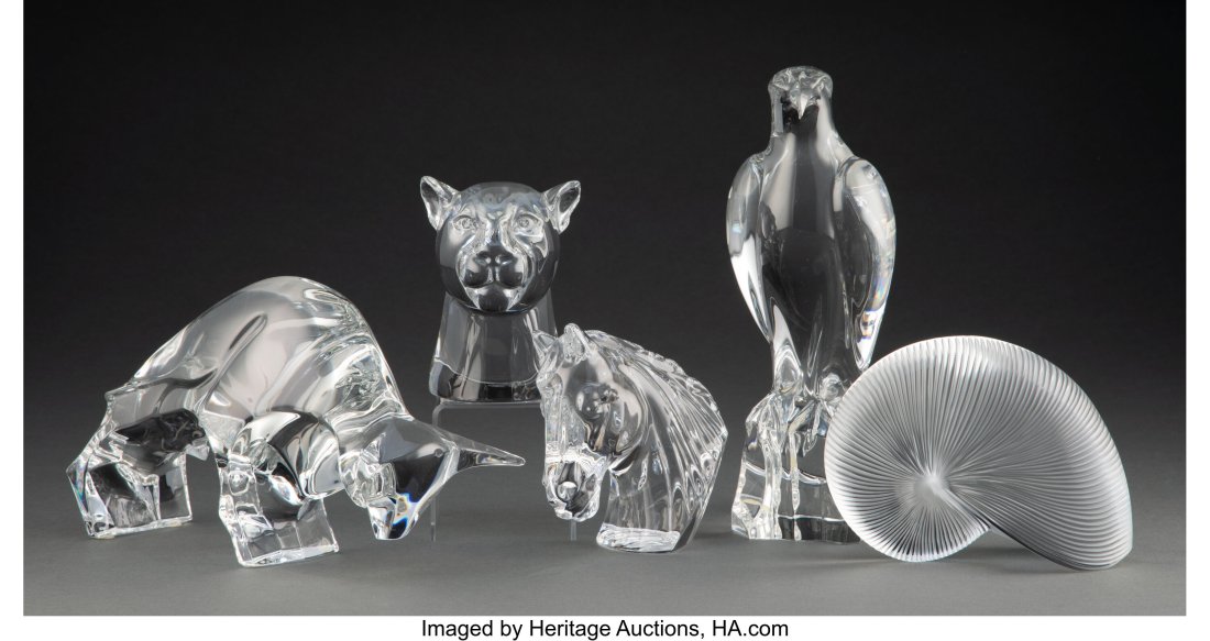 Five Clear Glass Table Articles, late 20th centu: Five Clear Glass Table Articles, late 20th century Marks: BACCARRAT, (goblet-decanter-cup), FRANCE 10-1/4 inches (26.0 cm) (tallest, f