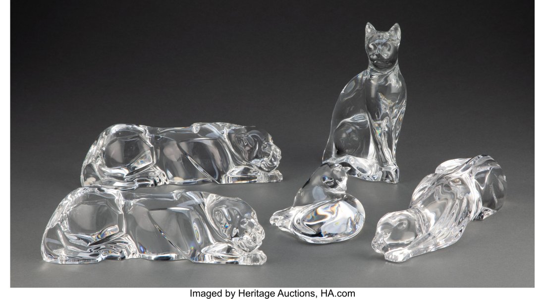 Five Baccarat Clear Glass Figures, late 20th cen: Five Baccarat Clear Glass Figures, late 20th century Marks: BACCARAT, (goblet-decanter-cup), FRANCE 8-1/2 x 5-1/2 x 3-1/4 inches (21.6 x 14&pe