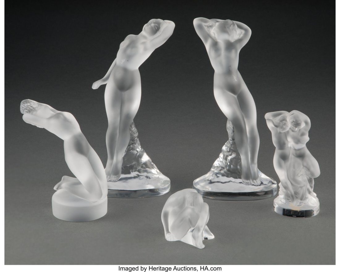 Five Lalique Clear and Frosted Glass Figurines,: Five Lalique Clear and Frosted Glass Figurines, post-1945 Marks: Lalique France 9-1/2 x 4-1/2 x 2-3/4 inches (24.1 x 11.4 x 7.0 cm) (tallest