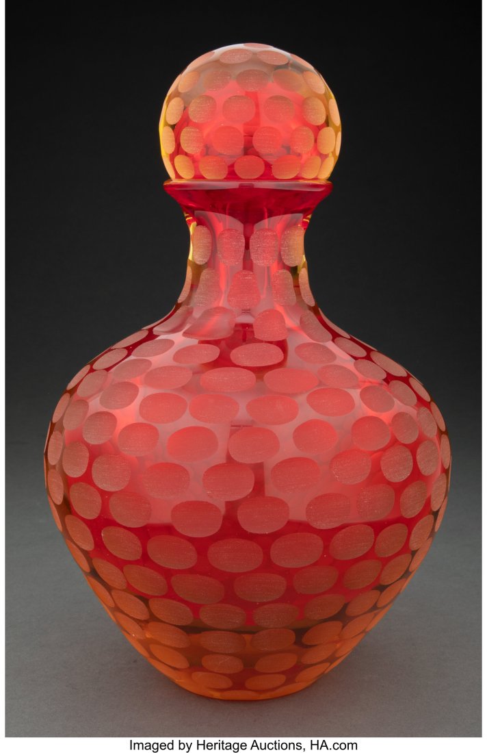 Mariano Moro (Italian, b. 1957) Red and Amber Ba: Mariano Moro (Italian, b. 1957) Red and Amber Battuto Bottle Blown and wheel-carved glass 13 x 8-1/2 inches (33.0 x 21.6 cm) Etched to underside Moro