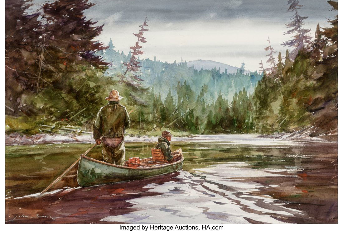 John Swan (American, b. 1948) Fly Fishing at Ken: John Swan (American, b. 1948) Fly Fishing at Kennebago, 1975 Watercolor and pencil on paper 18-1/4 x 27-1/2 inches (46.4 x 69.9 cm) (s
