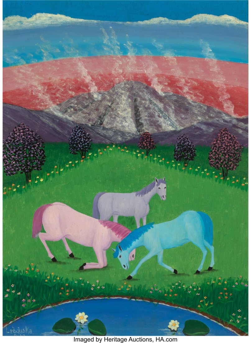 Lawrence H. Lebduska (German/American, 1894-1966: Lawrence H. Lebduska (German/American, 1894-1966) Pink, Blue, and Purple Horses, September 1960 Oil on board 24 x 17-3/4 inches (61.0 x 45&