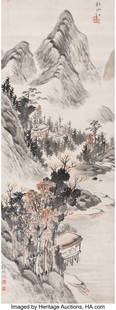 78265: Yang Borun (Chinese, 1837-1911) Ink and color on: Yang Borun (Chinese, 1837-1911) Ink and color on paper Landscape 37-1/4 x 14 inches (94.6 x 35.6 cm) Three red seals HID03101062020 &NewL