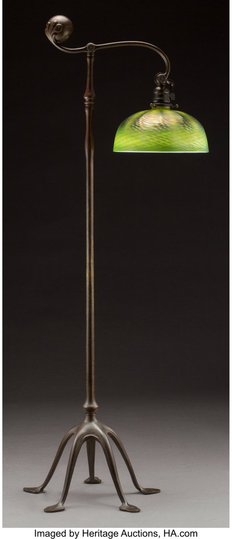 Tiffany Studios Damascene Favrile Glass and Pati: Tiffany Studios Damascene Favrile Glass and Patinated Bronze Floor Lamp, circa 1910 Marks to shade: L.C.T. Favrile Marks to base: TIFFANY STUDIOS, NEW YORK