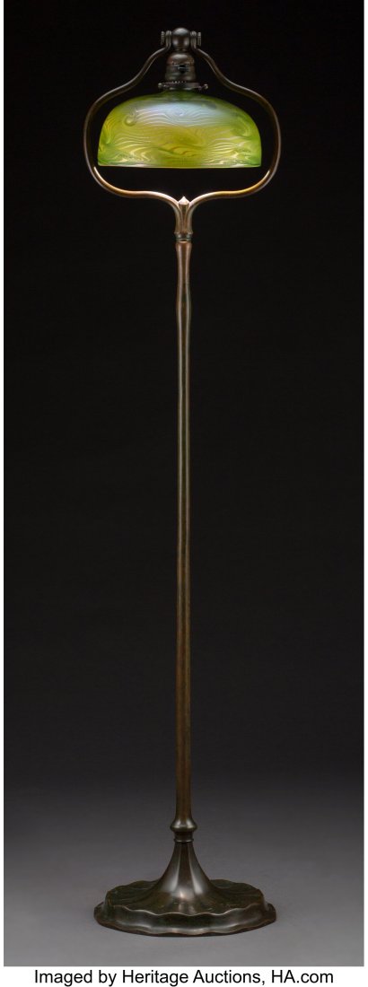 Tiffany Studios Patinated Bronze Lamp Base with : Tiffany Studios Patinated Bronze Lamp Base with Quezal King Tut Glass Shade, early 20th century Marks to base: TIFFANY STUDIOS, NEW YORK, 682 Marks to shade: Quezal 55-1&
