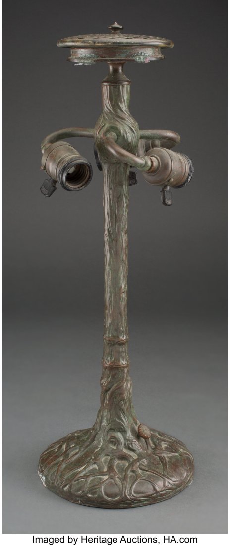 Tiffany Studios Patinated Bronze Tree Lamp Base,: Tiffany Studios Patinated Bronze Tree Lamp Base, circa 1910 Marks: TIFFANY STUDIOS NEW YORK 554 19-1/4 inches (48.9 cm) LITERATURE: A. Duncan, Tiffany Lamps and Metalware: An illustrated reference to 