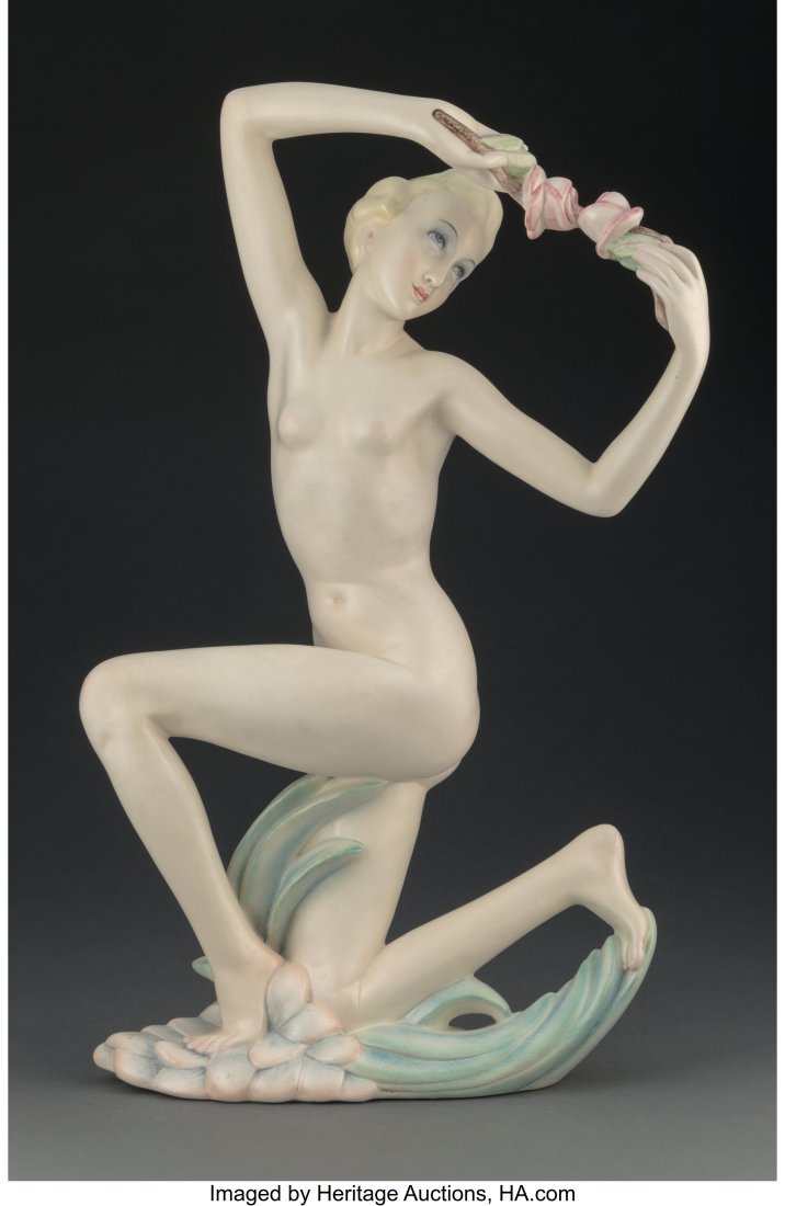 Rare Lenci Polychrome Earthenware Nude Figure Si: Rare Lenci Polychrome Earthenware Nude Figure Signed by Helen Köning Scavini, circa 1930 Marks: Lenci, MADE IN ITALY, TORINO, B, 795, L 19 x 13 x 4 inche