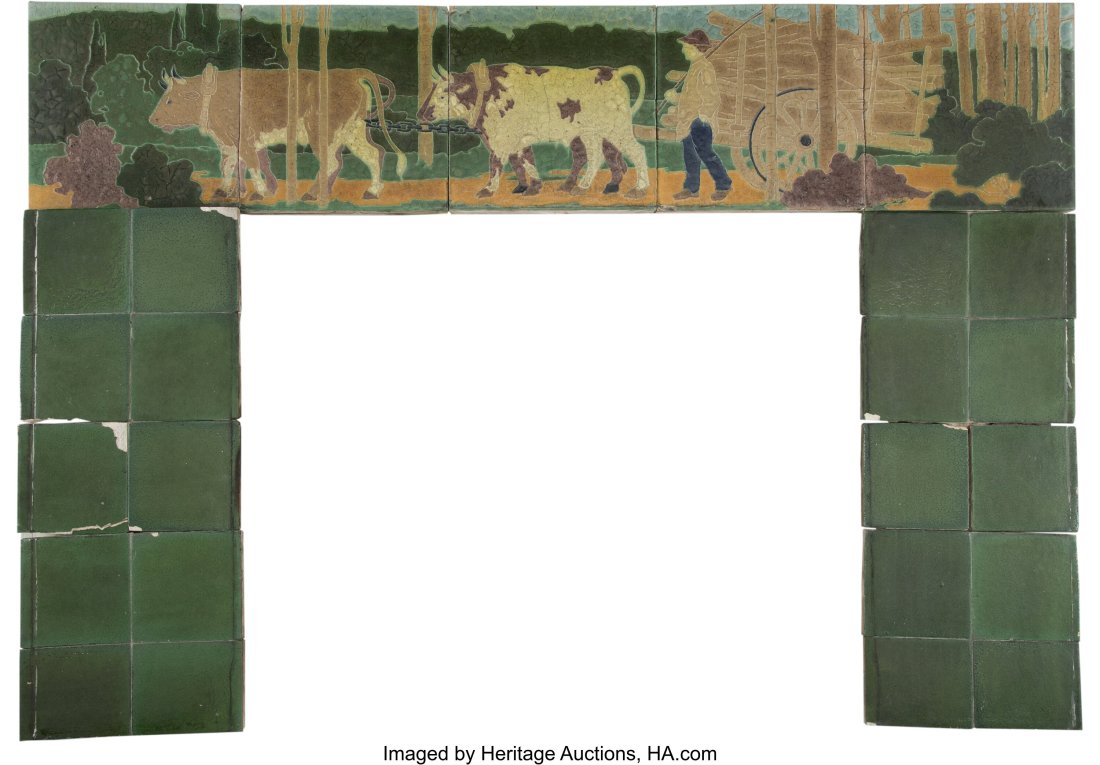 Rare Grueby Faience Company Glazed Earthenware O: Rare Grueby Faience Company Glazed Earthenware Oxen Fireplace Surround, circa 1902 12 x 12 x 3 inches (30.5 x 30.5 x 7.6 cm) (Oxen frieze tile, each&rpa