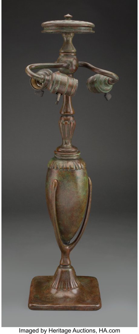 Tiffany Studios Patinated Bronze Base, circa 191: Tiffany Studios Patinated Bronze Base, circa 1910 Marks: TIFFANY STUDIOS, NEW YORK, 444, S221, (Tiffany Furnaces monogram) 21-3/4 inches (55&peri