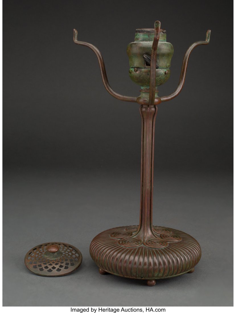 Tiffany Studios Patinated Bronze Lamp Base with : Tiffany Studios Patinated Bronze Lamp Base with Heat Cap, circa 1910 Marks: TIFFANY STUDIOS, NEW YORK, 326 10-1/4 inches (26.0 cm) LITERATURE: A&peri