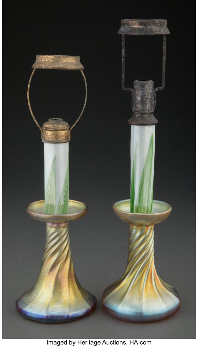 Tiffany Studios Favrile Glass and Metalwork Cand: Tiffany Studios Favrile Glass and Metalwork Candlestick Lamp Components Marks to bases: L.C.T., (applied paper label) 13-3/4 inches (34.9 cm&