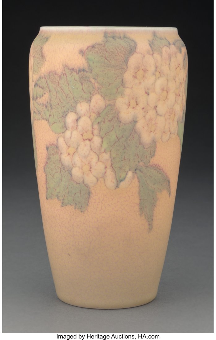 Rookwood Pottery Vellum Glazed Hydrangeas Vase D: Rookwood Pottery Vellum Glazed Hydrangeas Vase Decorated by Sara Sax, 1931 Marks: (Rookwood cipher), XXXI, 1369E, SX 7-1/4 inches (18.4 cm)