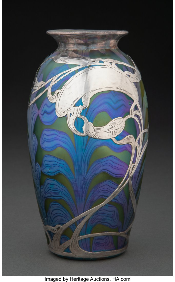 Loetz Phaenomen Glass Vase with Silver Overlay,: Loetz Phaenomen Glass Vase with Silver Overlay, circa 1900 6-7/8 inches (17.5 cm) Property from the Cary M. Maguire Estate, Dallas, Texas PROVENANCE&colon