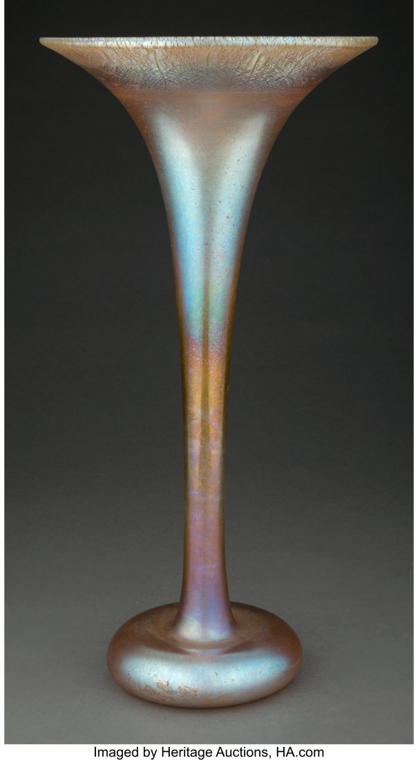 Large Tiffany Studios Gold Favrile Trumpet Vase,: Large Tiffany Studios Gold Favrile Trumpet Vase, 1908 Marks: 32565C L.C. Tiffany-Favrile, (applied paper label) 16-1/2 inches (41.9 cm) &