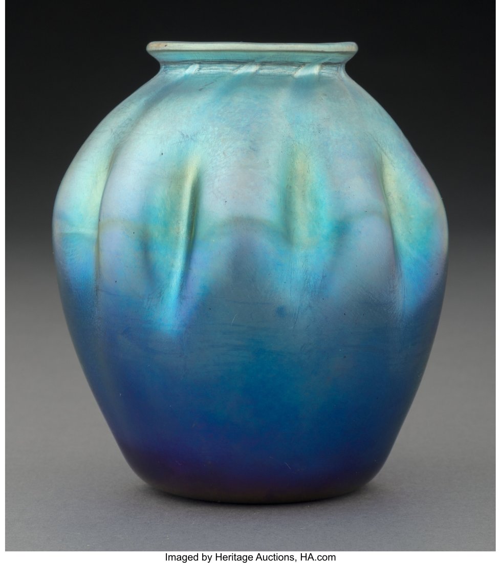 Tiffany Studios Blue Favrile Glass Vase, circa 1: Tiffany Studios Blue Favrile Glass Vase, circa 1905 Marks: U9096 L.C.T. 4-1/2 inches (11.4 cm) HID03101062020 &NewLin