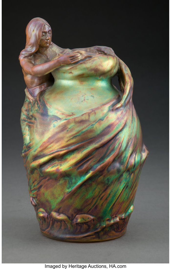 Zsolnay Eosin Glazed Earthenware Figural Vase, e: Zsolnay Eosin Glazed Earthenware Figural Vase, early 20th century Marks: (five churches mark) 9 inches (22.9 cm) Property from the Cary M. Maguire Estate&