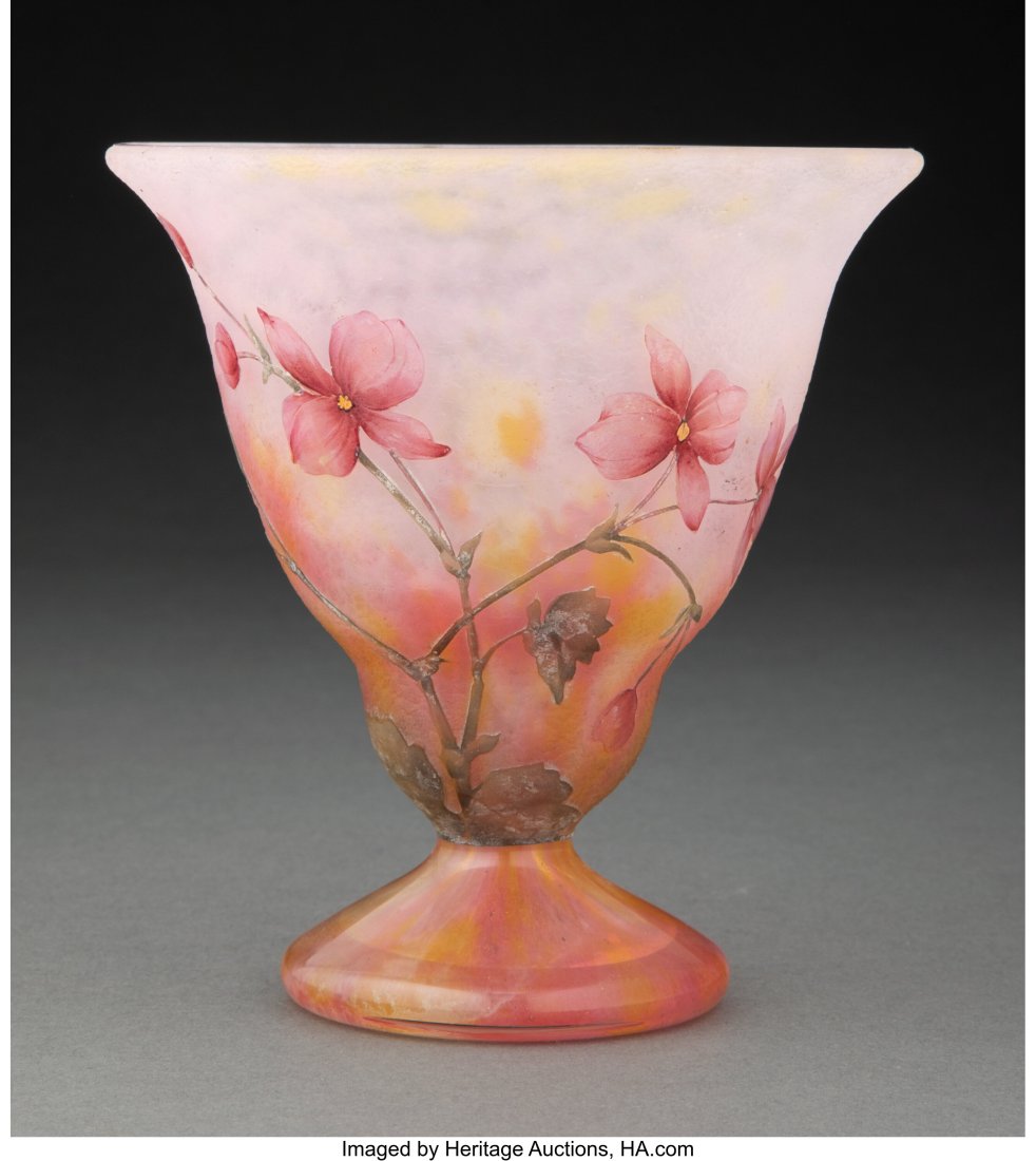 Daum Acid-Etched and Enameled Glass Floral Goble: Daum Acid-Etched and Enameled Glass Floral Goblet Vase, circa 1910 Marks: DAUM NANCY (Cross of Lorraine) FRANCE 5-1/2 inches (14.0 cm) HID