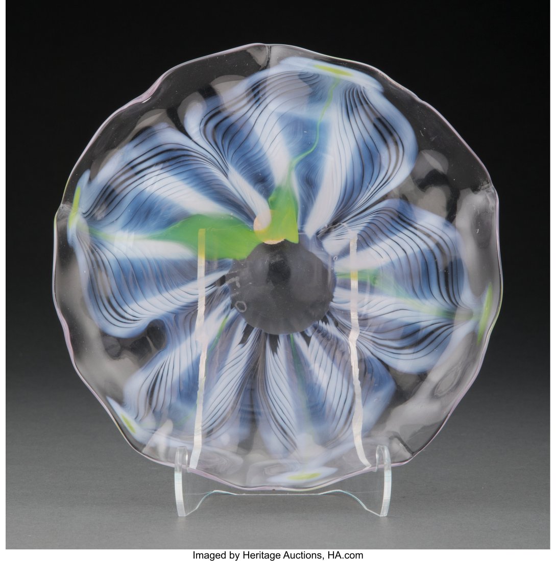 Rare Tiffany Studios Decorated Favrile Glass Pla: Rare Tiffany Studios Decorated Favrile Glass Plate, circa 1910 Marks: 01719, (applied paper label) 7-1/8 inches (18.1 cm) HID03101062020Â© 2022 Heritage Auctions | All Rights Reserved