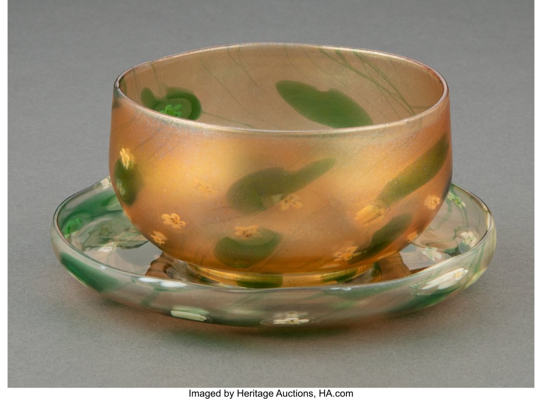 Tiffany Studios Favrile Glass Millefiori Bowl & : Tiffany Studios Favrile Glass Millefiori Bowl & Underplate, circa 1910 Marks: L.C.T., (various) 2-1/8 x 3-7/8 inches (5.4 x 9&p