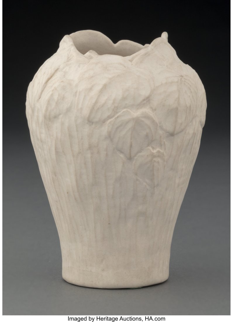 Tiffany Furnaces Carved Bisque Pottery Vase, cir: Tiffany Furnaces Carved Bisque Pottery Vase, circa 1910 Marks: LCT, 7 4-1/2 inches (11.4 cm) HID03101062020 © 2022 Her