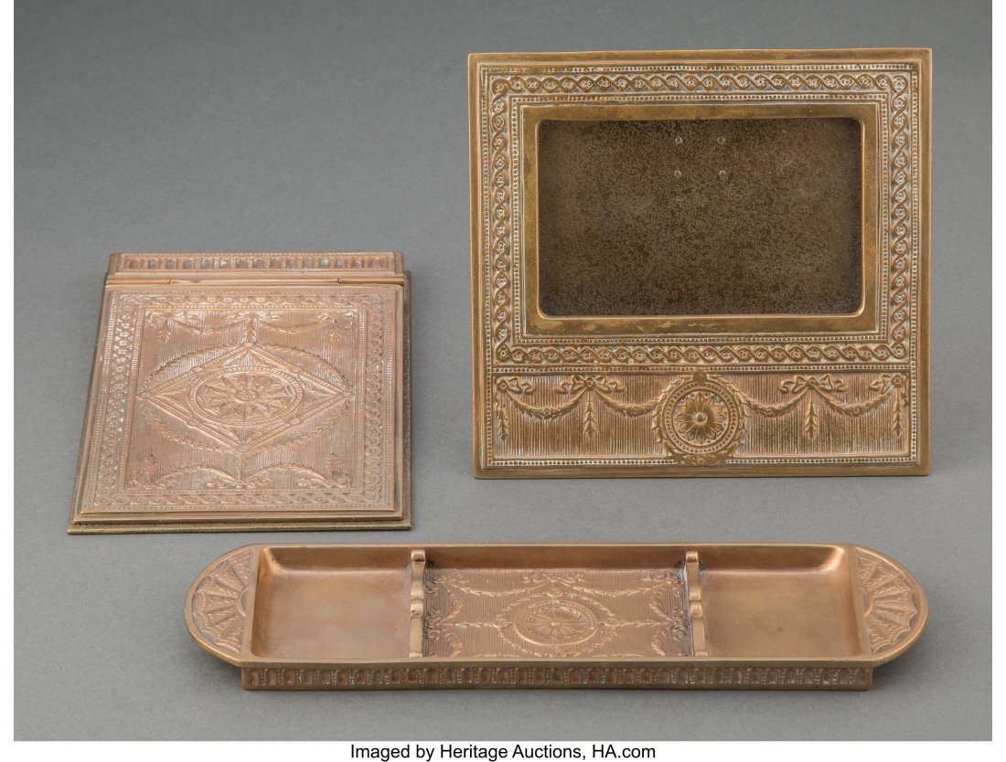 Three Tiffany Studios Gilt Bronze Adam Desk Arti: Three Tiffany Studios Gilt Bronze Adam Desk Articles, circa 1910 Marks: TIFFANY STUDIOS NEW YORK (model number) 7-1/2 x 4-3/4 x 0-1/2 inches (19.1 x 12&pe