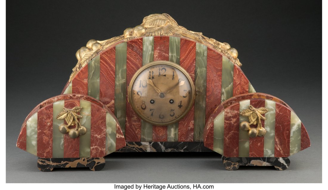 French Art Deco Onyx Clock Garniture, Works by F: French Art Deco Onyx Clock Garniture, Works by F. Marti, circa 1930 Marks: Reveyroles, MODÈLE DÉPOSÉ, F. Marti Medaille d'Or PARIS 1900