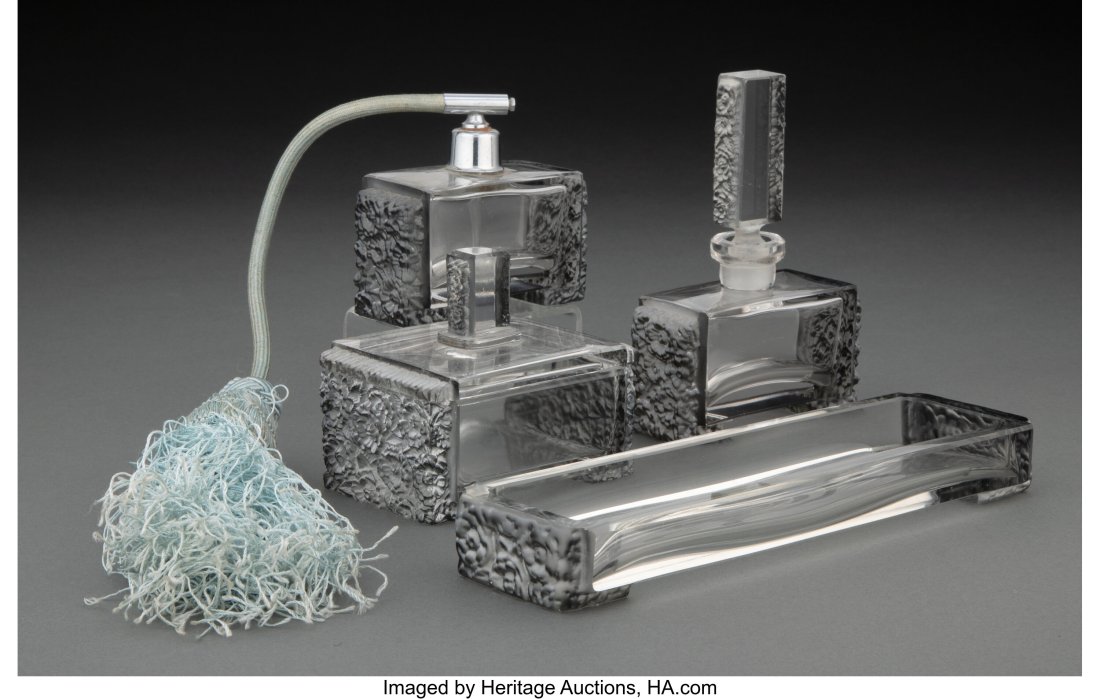 Four-Piece Continental Glass Toilet Set with Cha: Four-Piece Continental Glass Toilet Set with Charcoal Patina, early 20th century 5-1/2 inches (14.0 cm) (tallest, perfume) HID03101062020 