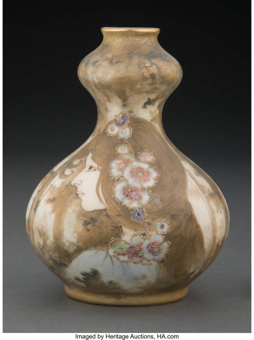 Riessner, Stellmacher & Kessel Amphora Enameled : Riessner, Stellmacher & Kessel Amphora Enameled and Partial Gilt Porcelain Portrait Vase, Design by Nicolas Kannhauser, circa 1900 Marks: AMPHORA, 665, 60&comma