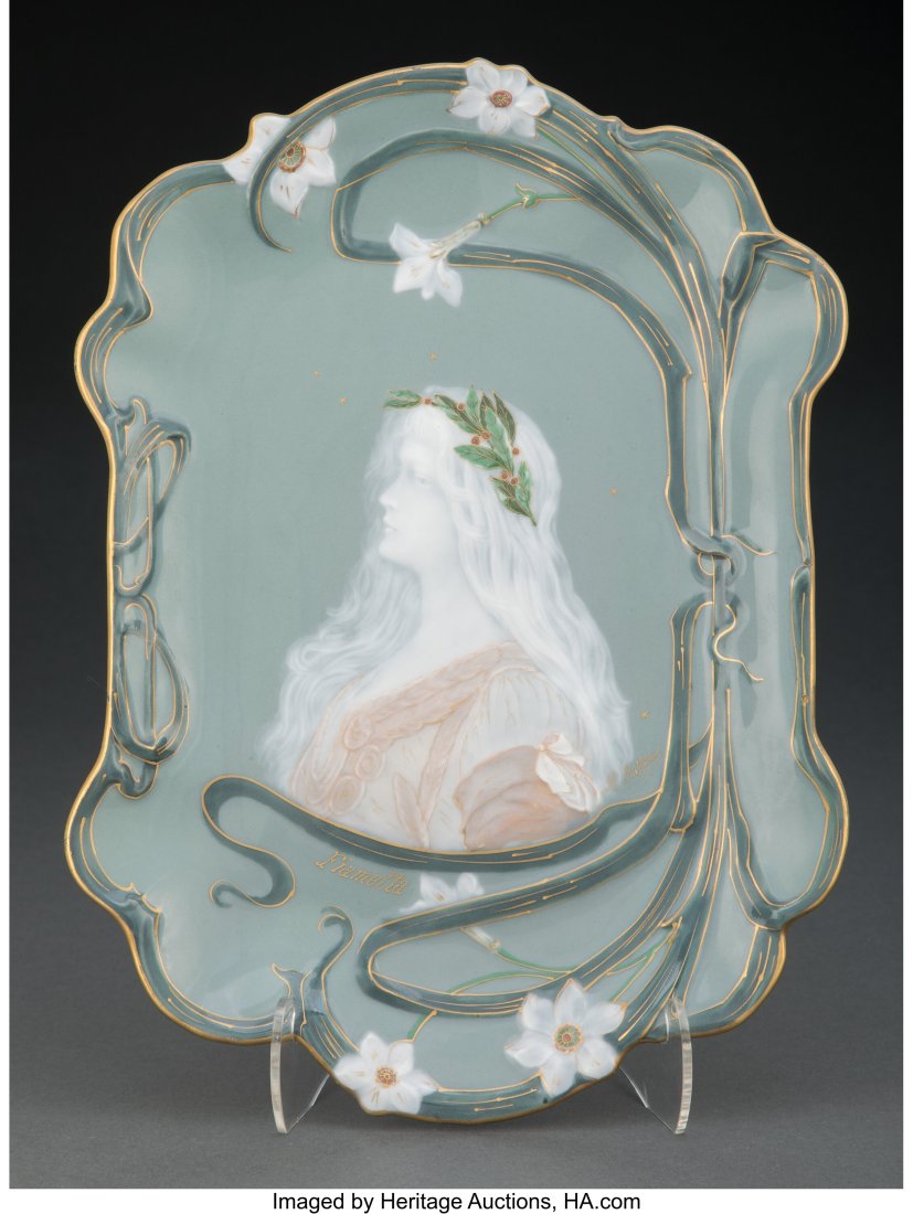 Gilt Limoges Pâte-sur-Pâte Fiametta Plaque by : Gilt Limoges Pâte-sur-Pâte Fiametta Plaque by Auguste Riffaterre, circa 1895 Marks to front: ATE RIFFATERRE Marks to verso: Limoges and Martin Freres ribbon and bird make