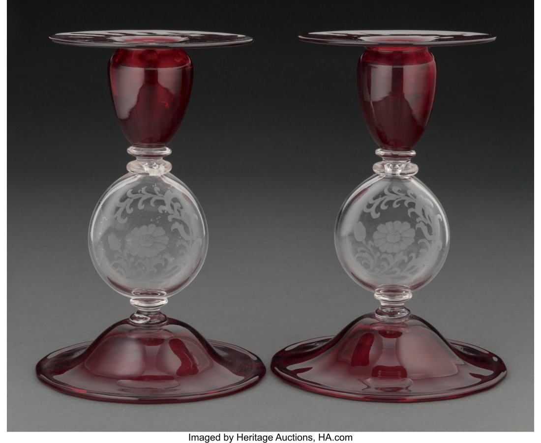 Pair of Steuben Selenium Red and Clear Engraved: Pair of Steuben Selenium Red and Clear Engraved Glass Candlesticks, circa 1920 Marks: STEUBEN 7 inches (17.8 cm) (each) HID03101062020 &NewLin