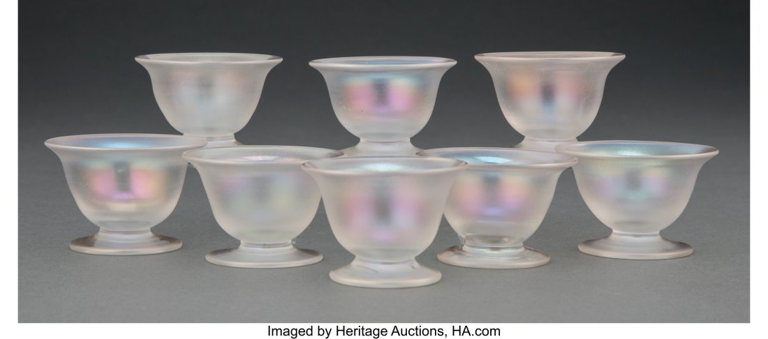 Set of Eight Steuben Verre de Soie Glass Open Sa: Set of Eight Steuben Verre de Soie Glass Open Salts, circa 1920 Marks: STEUBEN (fleur de lis) (two examples) 1-5/8 inches (4.1 cm) (each)