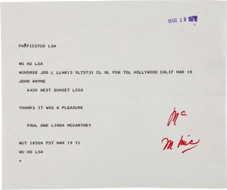 A Paul McCartney Telegram, 1971.: A Paul McCartney Telegram, 1971. Dated "March 19, 1971," sent to JW in Ho