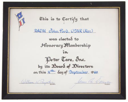 A John Ford Certificate, 1969.: A John Ford Certificate, 1969. Presented to Ford by the Board of Directors of Peter Tare,