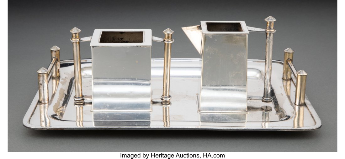 Louis W. Rice (American, 1872-1933) Group of Thr: Louis W. Rice (American, 1872-1933) Group of Three 'Skyscraper' Table Articles, circa 1928, Bernard Rice's Son Inc. Electroplated nickel silver 5 inches (12.7 cm) (tallest, creamer), 14-1/2 inches (36